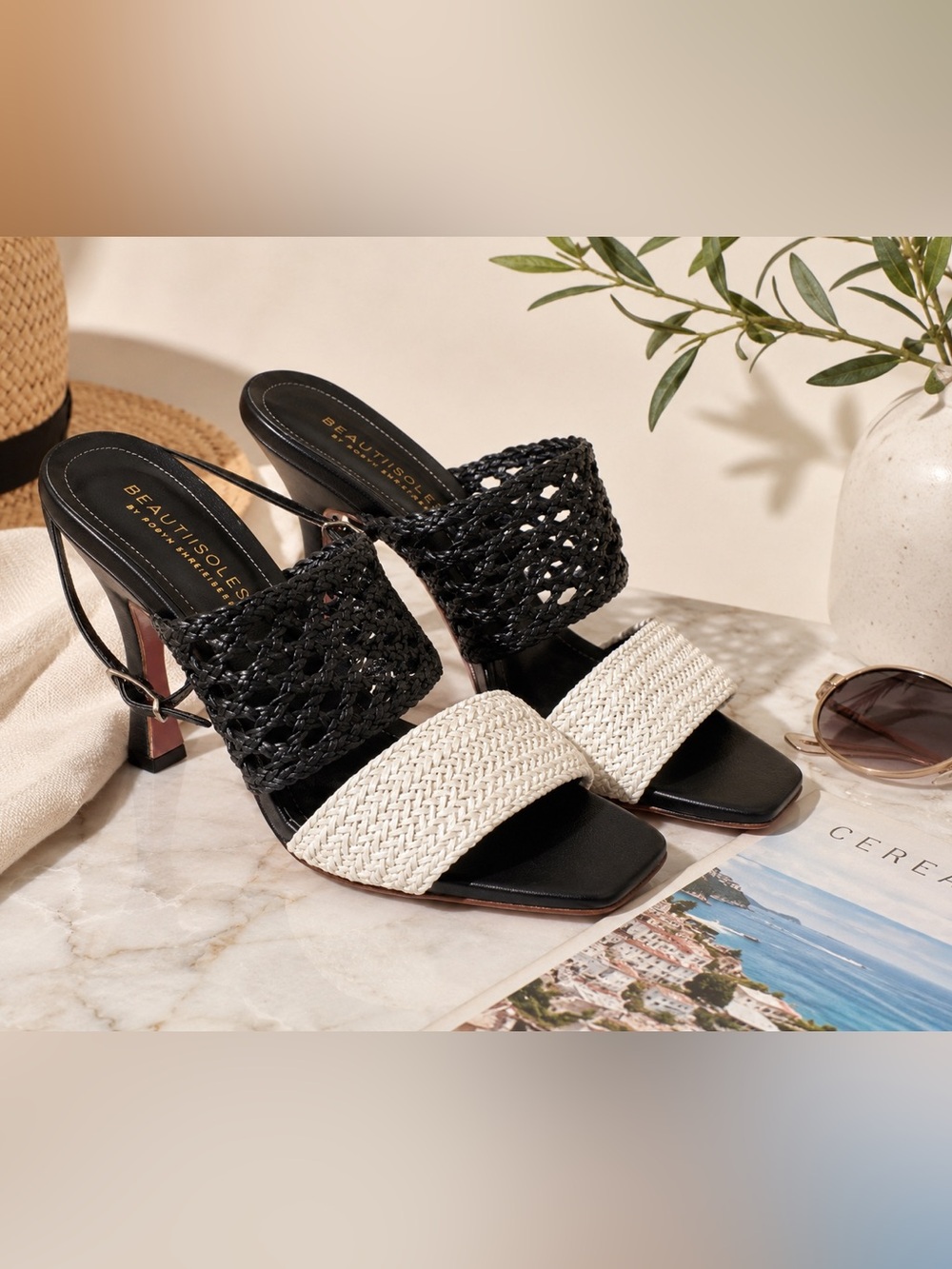 Beautiisoles Mariella Woven Leather Slingback Heels Black White Size 10 Italy